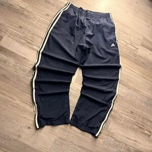 Adidas Wide Leg Track Pants Navy Blue Striped Baggy Fit Zip Hem